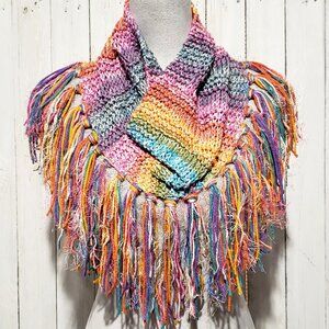 NEW Hand Knitted Stripe Boho Cowl Scarf Fringe Cottage Whimsy Indie Festival Mod